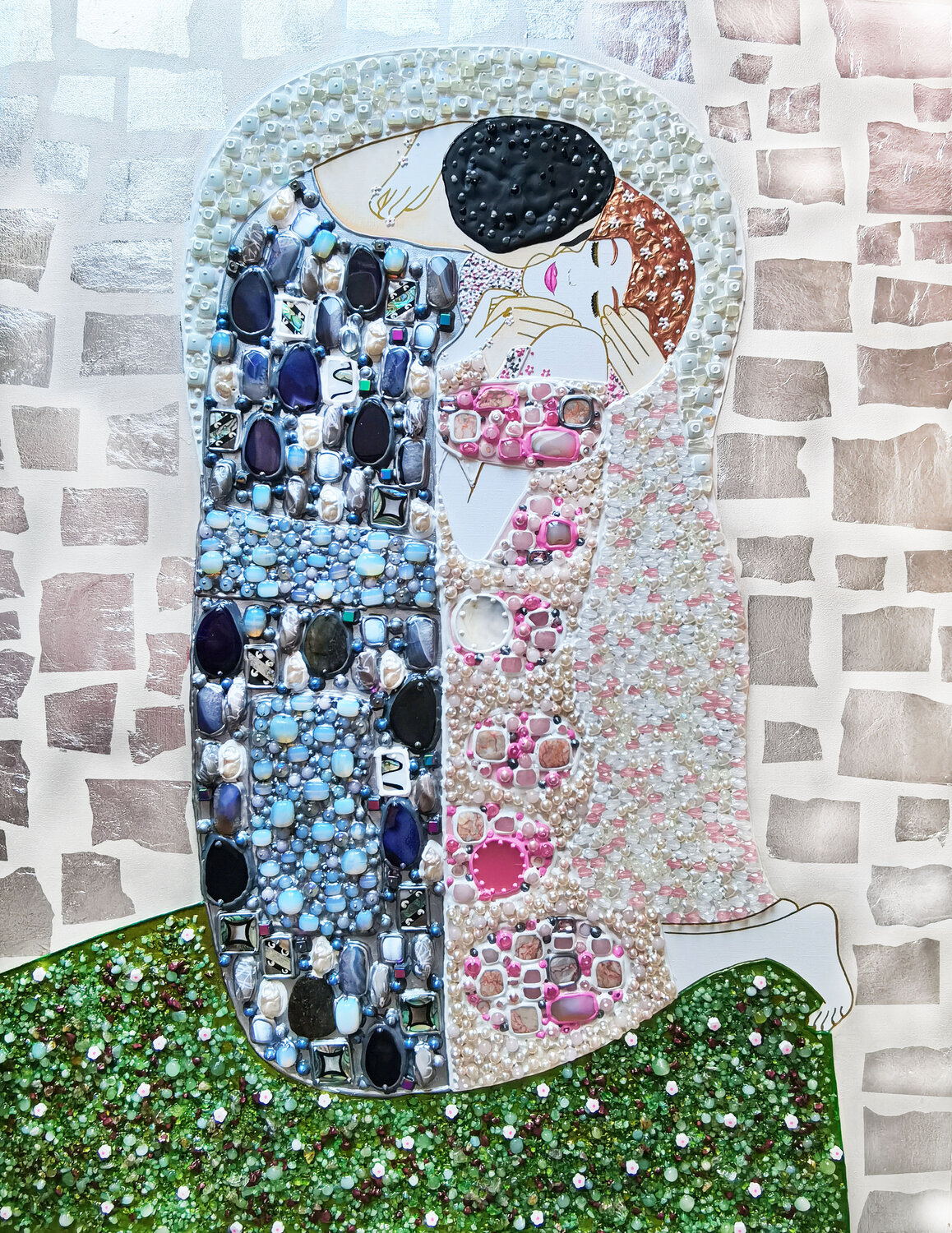 Beautiful romantic Love original painting Kiss with GEMSTONES and mosaic. Gustav Klimt inspired artwork. Unforgettable wedding gift for couple, for wife, husband, parents, friends. Unique wall art for bedroom or living room Irina BAST Original painting for sale