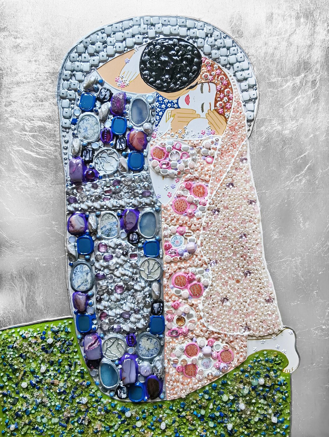 Beautiful romantic Love original painting Kiss with GEMSTONES and mosaic. Gustav Klimt inspired artwork. Unforgettable wedding gift for couple, for wife, husband, parents, friends. Unique wall art for bedroom or living room Irina BAST Original painting for sale