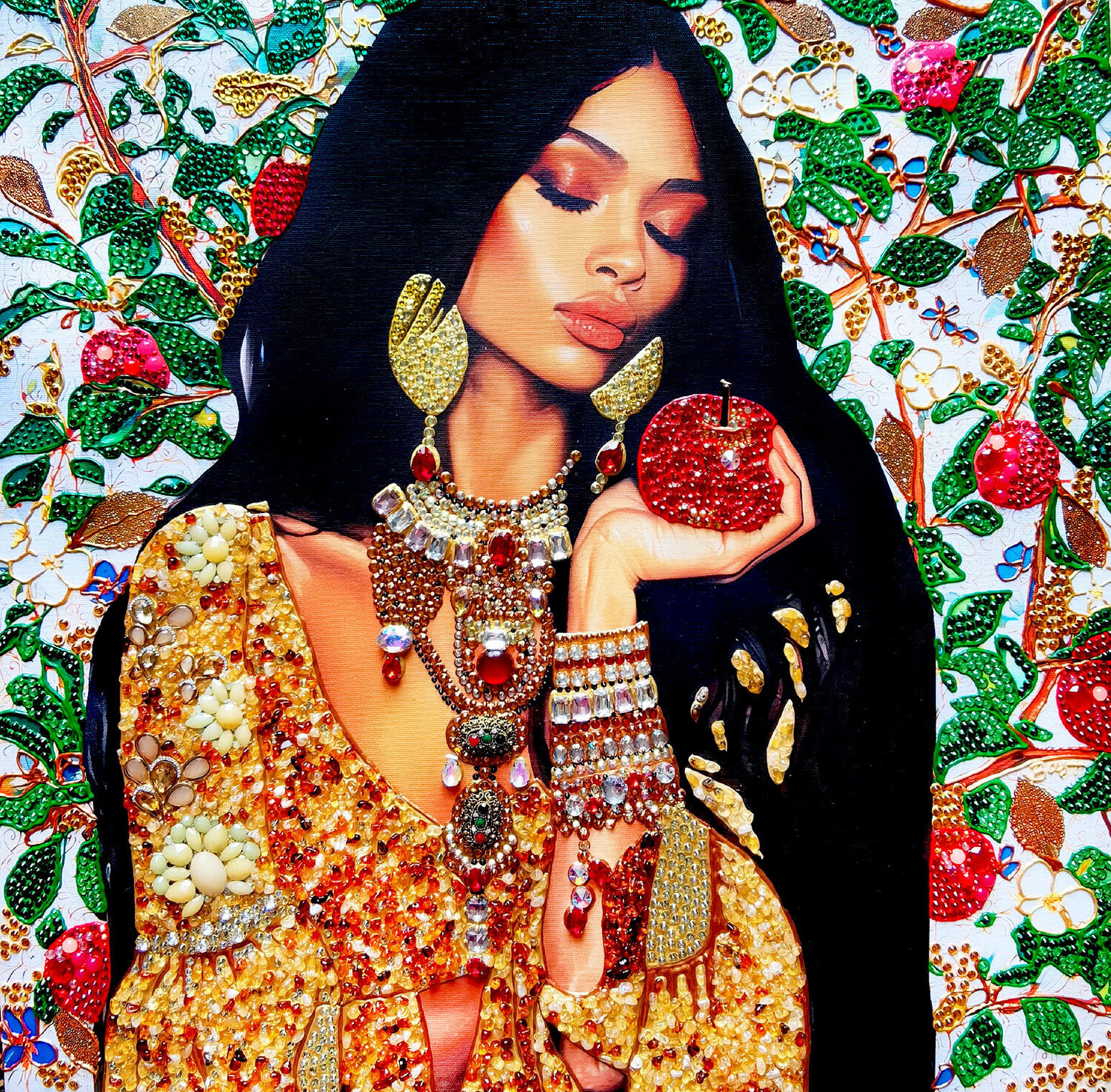 Black Eve. Original painting with semi-precious stones amber and iridescent crystal rhinestones. Irina BAST Original painting for sale