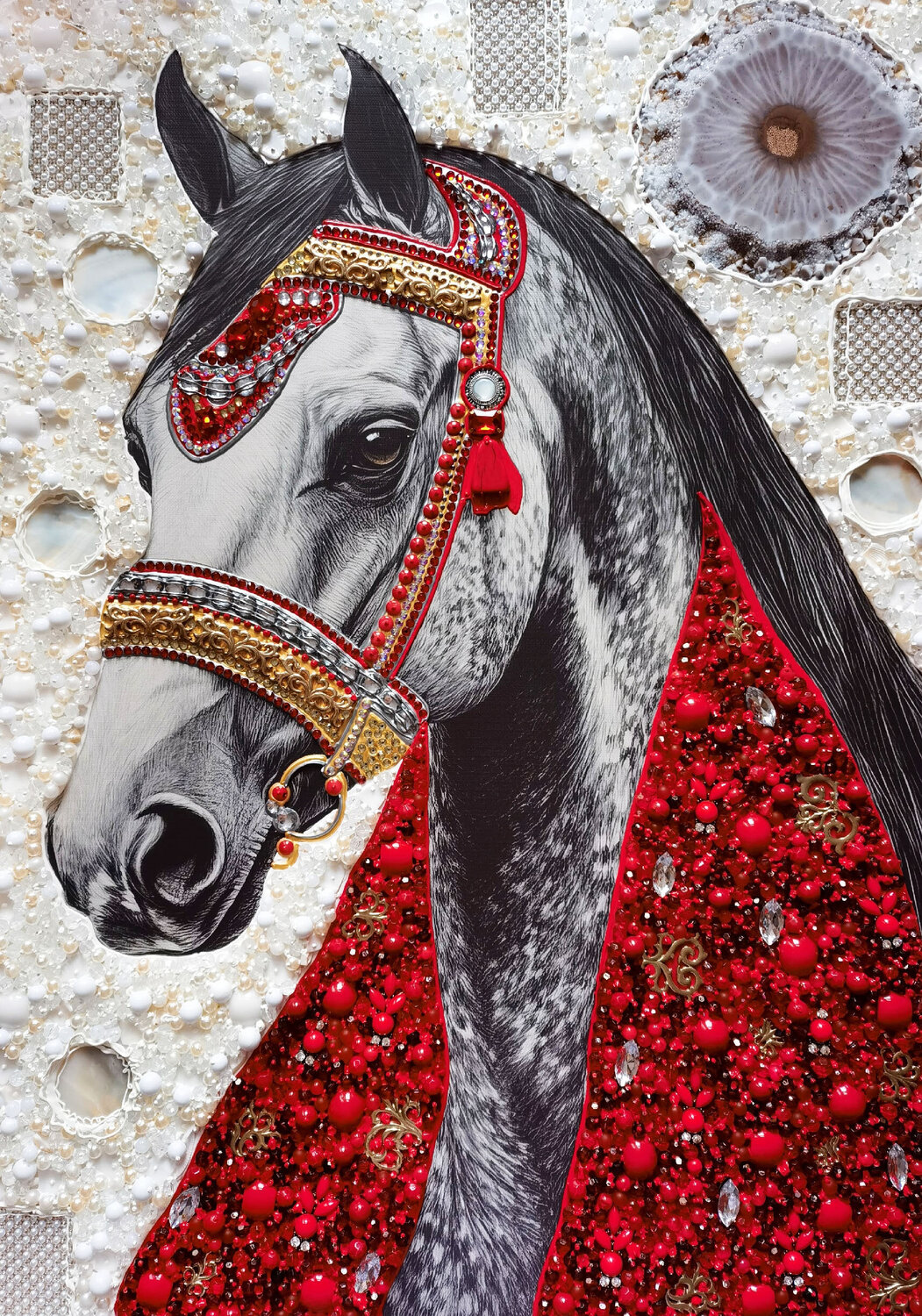 White horse in a red scarf. Pearls and red coral artwork Irina BAST Original painting for sale