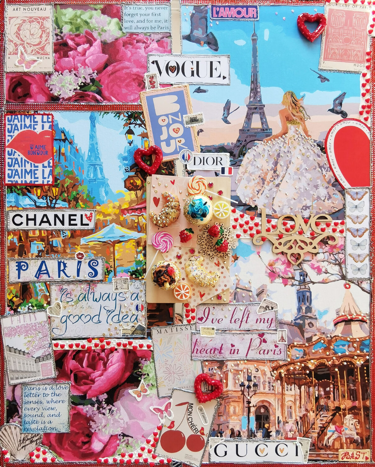 Bonjour, Paris! Original cityscape artwork, acrylic painting on canvas. Scrapbooking travel memory collage wall art Irina BAST Original painting for sale