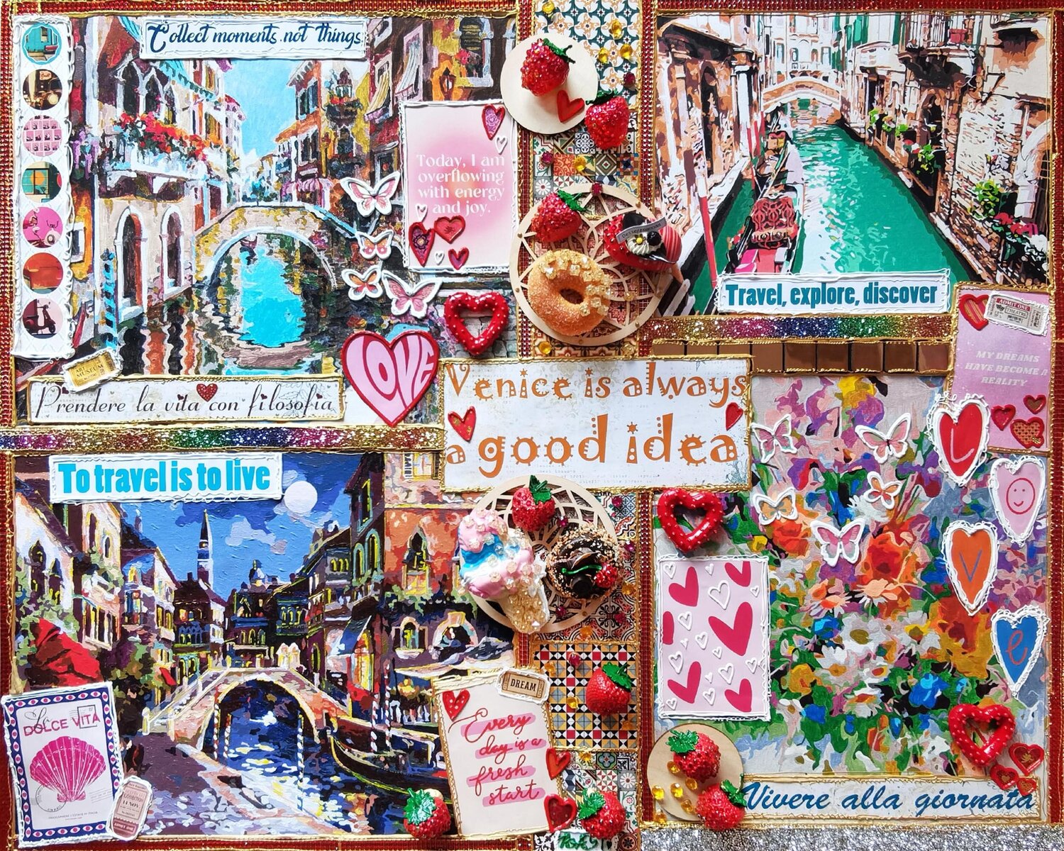Sweet Venice. Italy - Original cityscape painting on canvas. Scrapbooking style memory album aesthetic collage wall art Irina BAST Original painting for sale