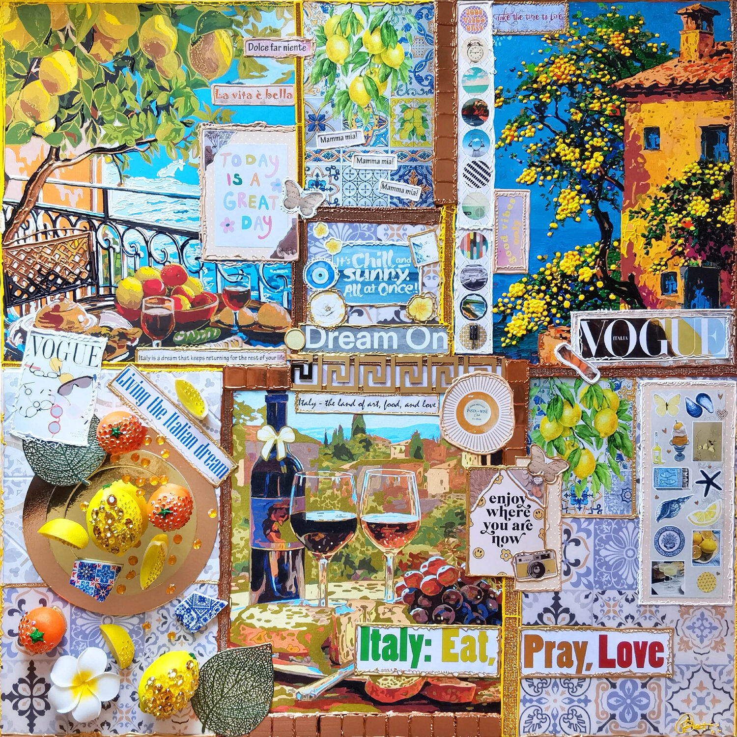 Moments of Dolce Vita - Original cityscape painting on canvas. Scrapbooking style memory album yellow lemon aesthetic collage wall art Irina BAST Original painting for sale