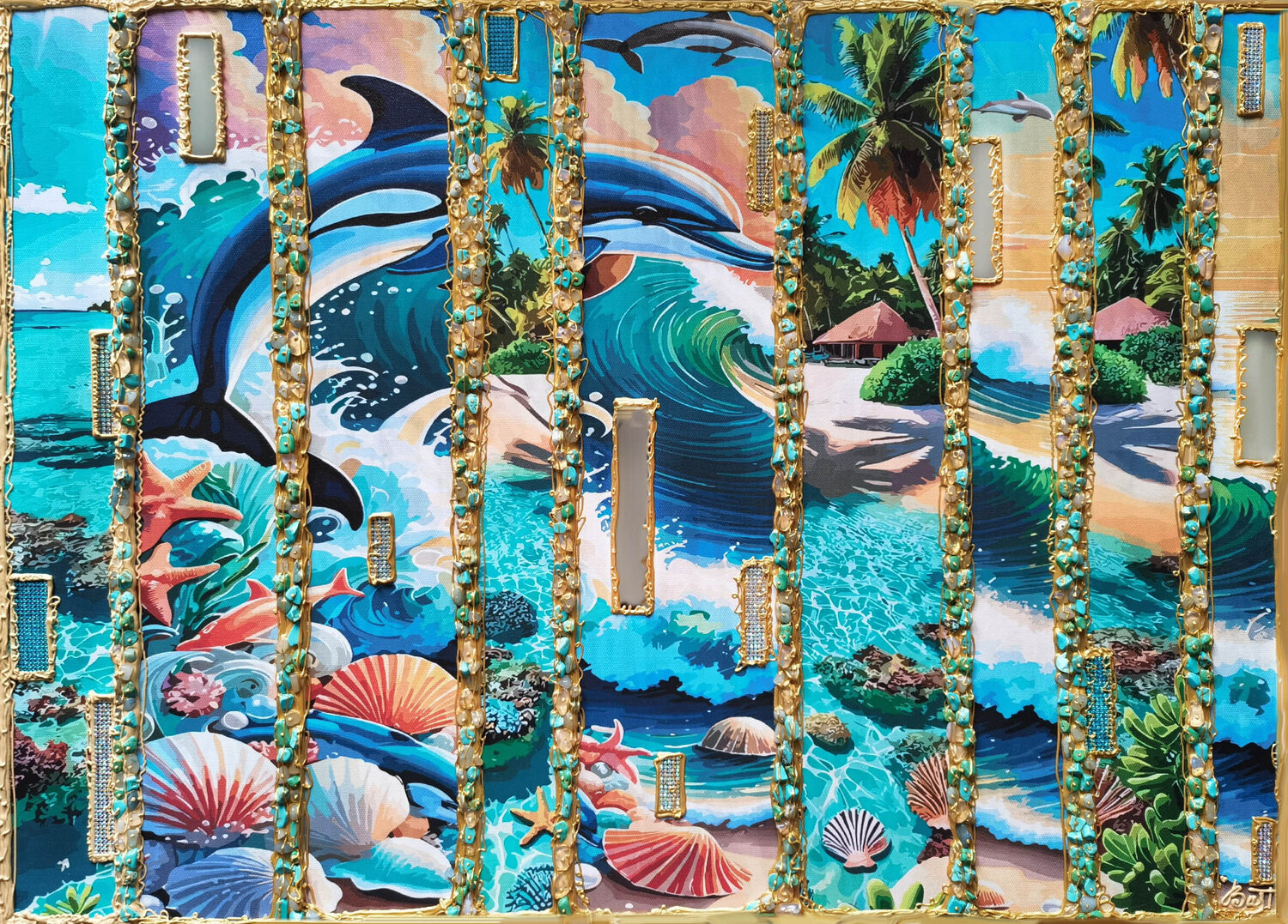Ocean Paradise: Waves, dolphins, and a tropical island. Marine painting, tropical wall art, island coastal nautical artwork, beach house decor Irina BAST Original painting for sale