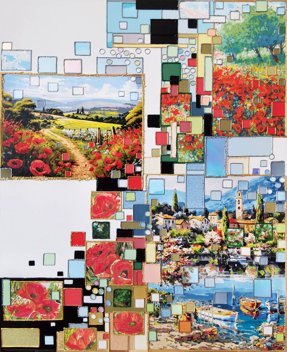 Italy. The light of Tuscany. Fragments of a Mediterranean dream. Scarlet poppy flowers fields and sapphire mountains Irina BAST Original painting for sale