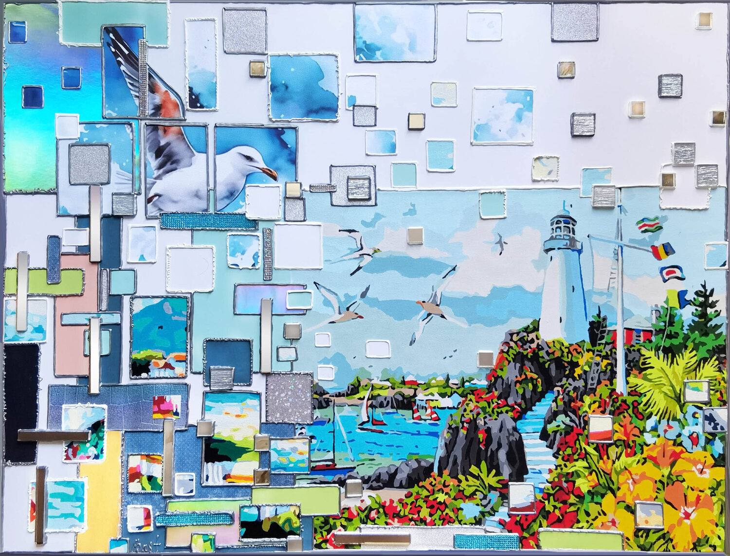 Beacon of endless horizons. Where the seagulls meet the sky. Original luxury mixed media painting. Unique sirrealism nature landscape artwork. Contemporary wall home decor Irina BAST Original painting for sale