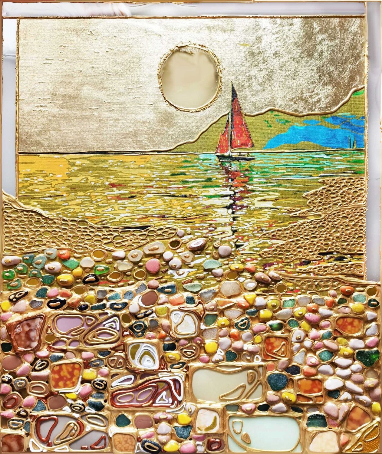 Golden silence of the sea. Sunset summer seascape. Gold sky, water, boat, sail, ship, rocky shore. Coastal house nature wall art Irina BAST Original painting for sale