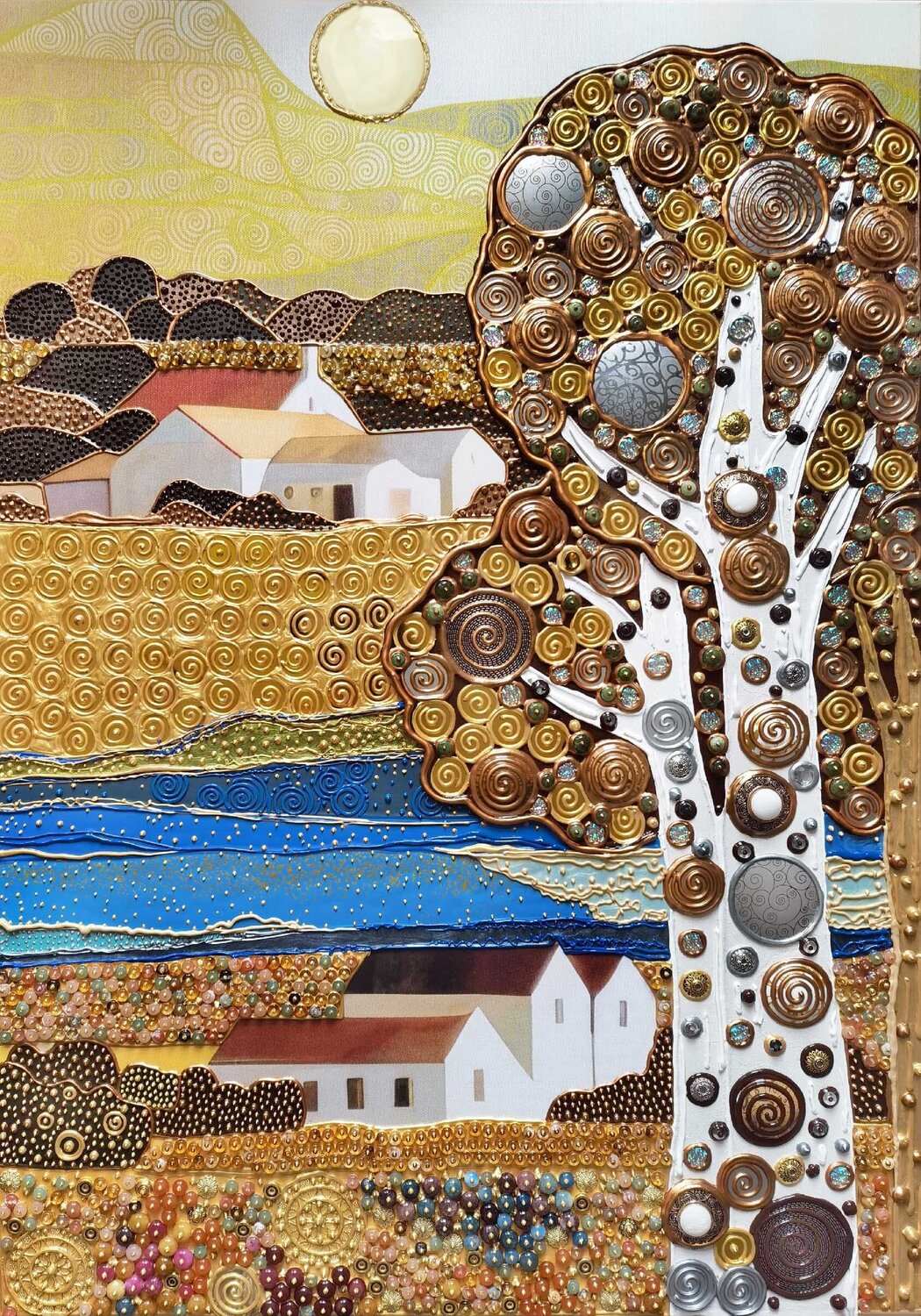 Golden Tuscany. A Klimt dream in Italy. Italian landscape, golden Mediterranean countryside village Irina BAST Original painting for sale