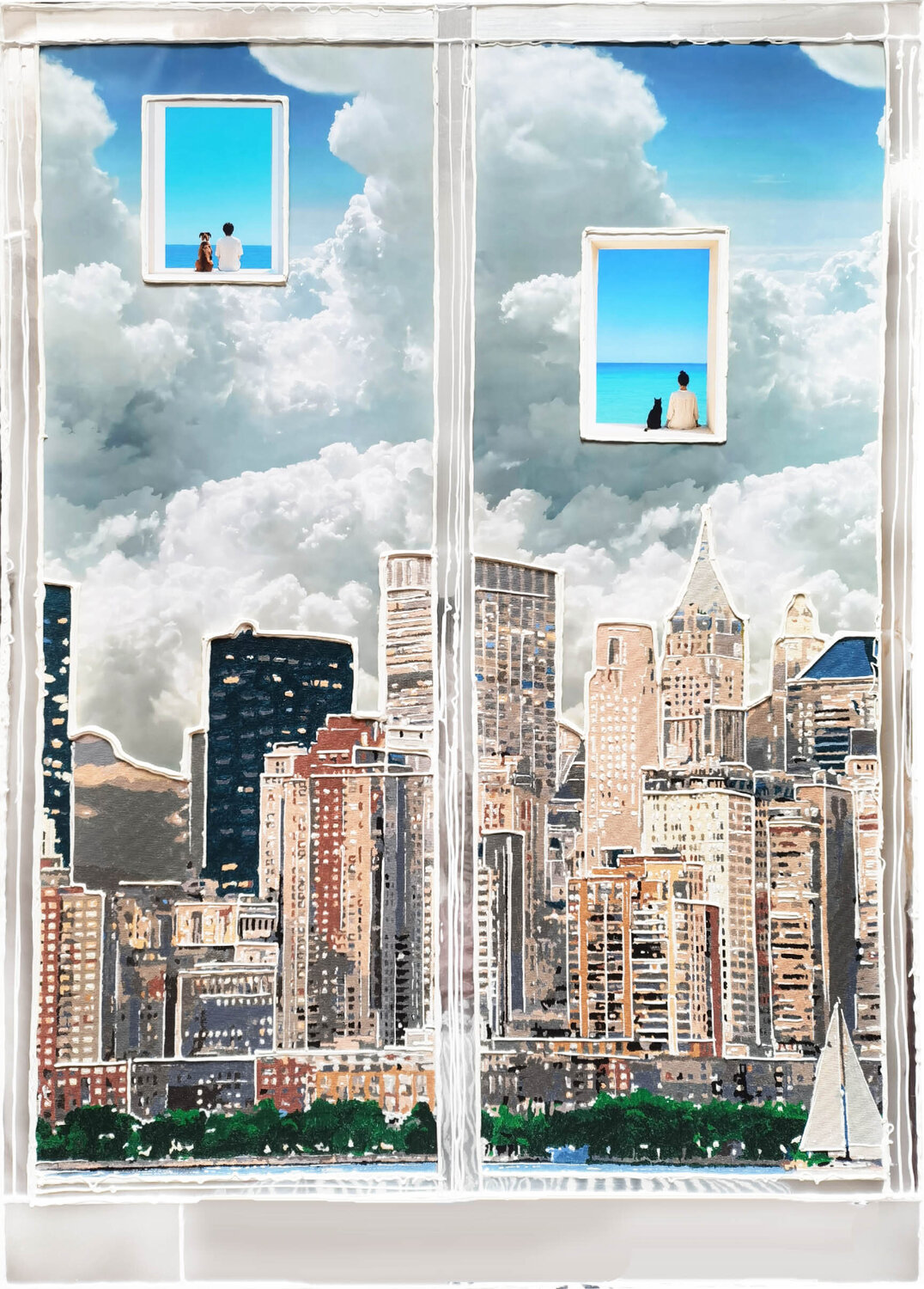 Love in the Big City. Contemporary surrealistic New York Manhattan USA cityscape. Fantasy skyscrapers Irina BAST Original painting for sale