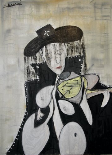 Women with a black hat playing the violin by Laszlo Hamori, Painting for Sale on Select