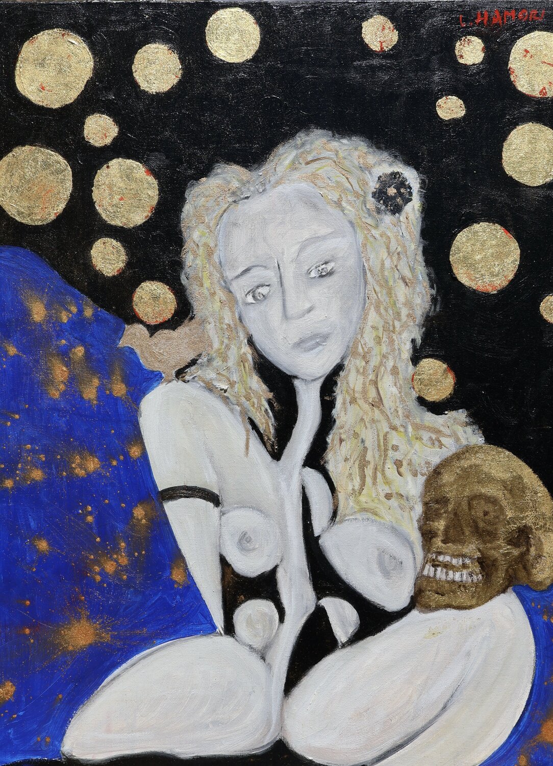 Lady of the war with the Gold skull Laszlo Hamori Original painting for sale