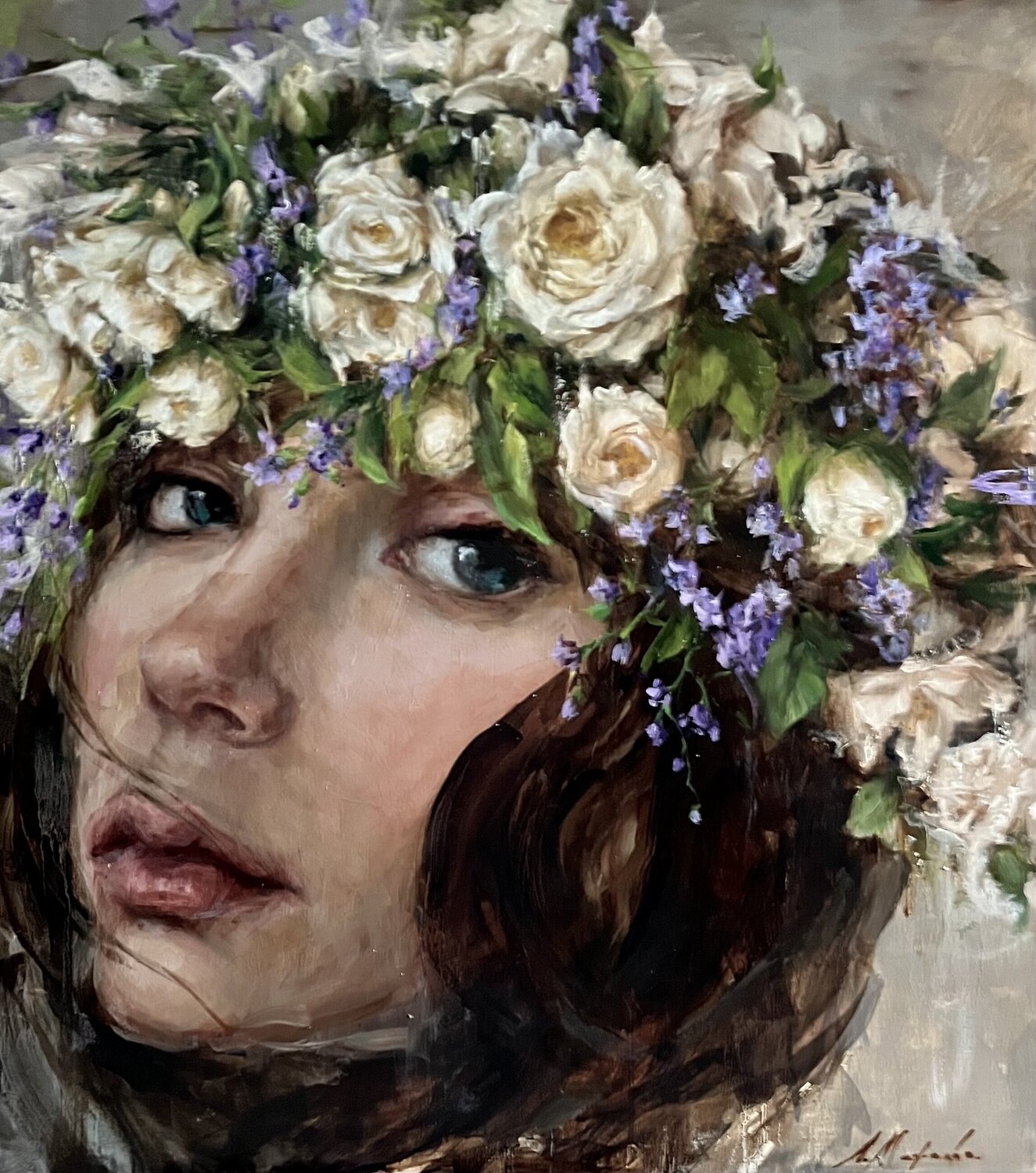 NYMPH-GIRL WITH WHITE ROSES Elena Agraphiotis Original painting for sale