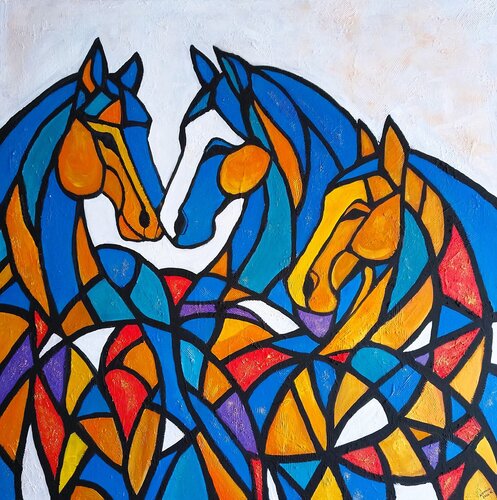 Mosaic Mares-Abstract Horse Painting by Igor Kotnik, Painting for Sale on Select