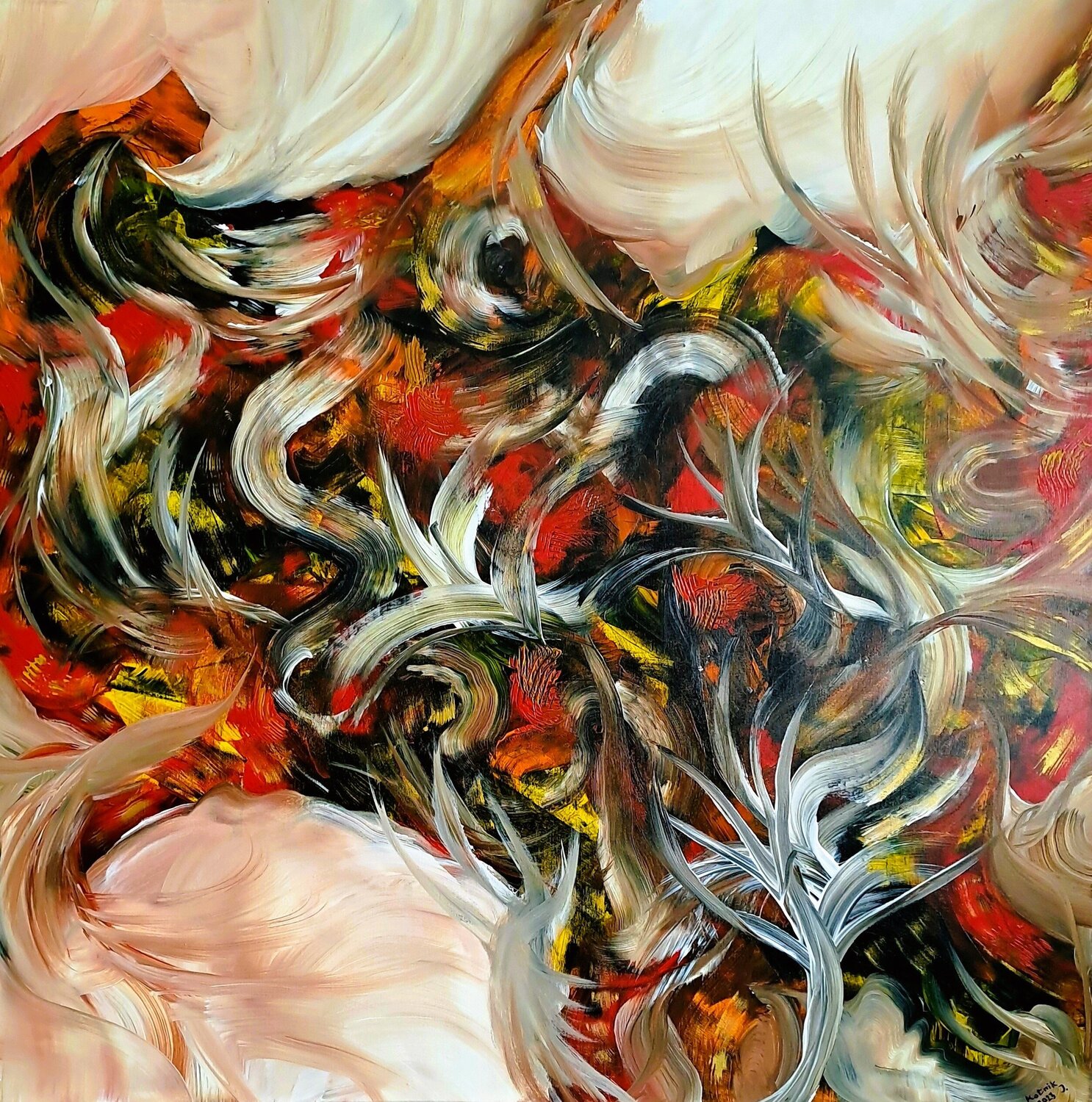 Fiery Motion" – Red & Yellow Abstract Igor Kotnik Original painting for sale