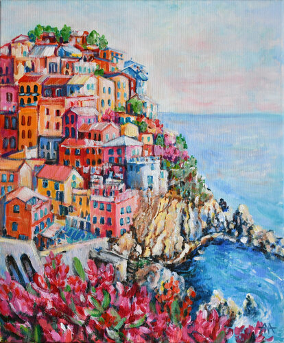 Colorful Mosaic of Manarola by Ana Smarż, Painting for Sale on Select