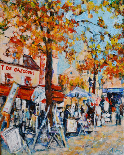 Au Cadet de Gascogne – Golden Autumn in Montmartre by Ana Smarż, Painting for Sale on Select