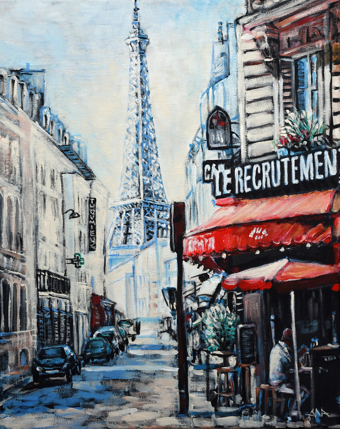 Le Recrutement and the Eiffel Tower Ana Smarż Original painting for sale