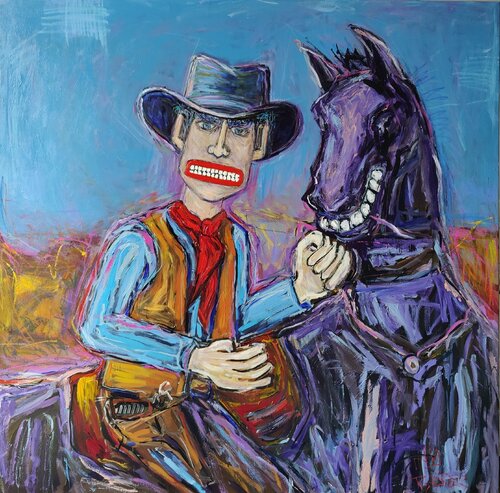 Cowboy and His Grinning Horse by Serge Berezjak, Painting for Sale on Select