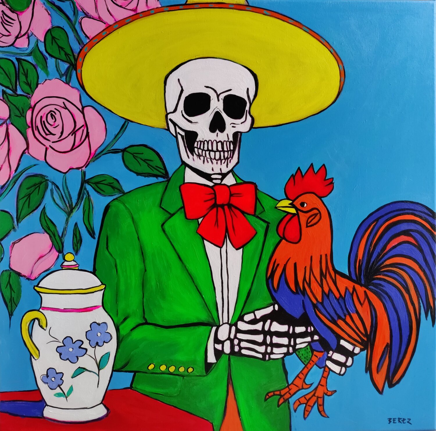 El Catrín con Gallo Serge Berezjak Original painting for sale