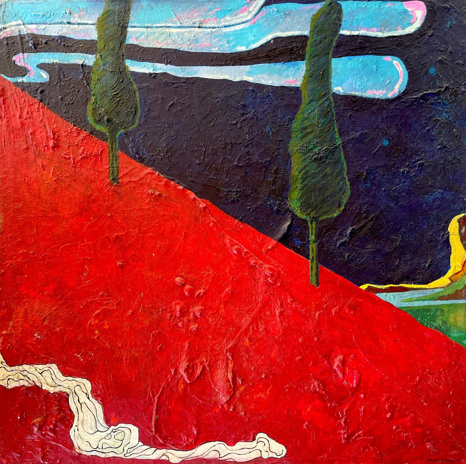 Cipressi e prato rosso - Espressionismo Astratto Materico in Olio su Tela Mauro Caracuzzo Original painting for sale