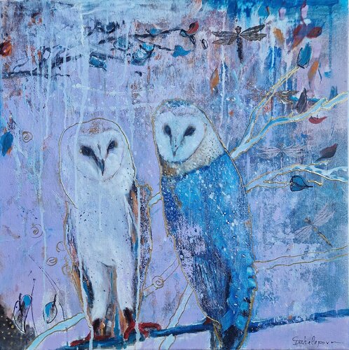 The story teller Abstract Owls by Svetla Dzhelepova, Painting for Sale on Select