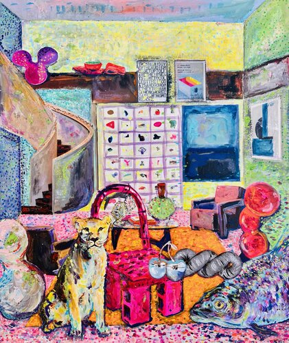 Yellow Lioness with Carp, Blue Cherries & Pink Chair by Stephanie Bing, Painting for Sale on Select