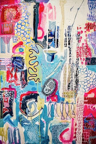 Aurora. Where Colors Seep, Fish Float and Mitochondria Give Birth to Universes by Stephanie Bing, Painting for Sale on Select