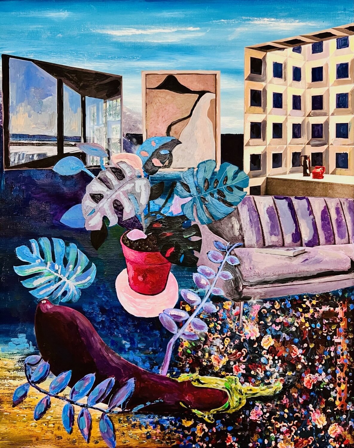 Eclectic Environment with mint Monstera Deliciosa Stephanie Bing Original painting for sale