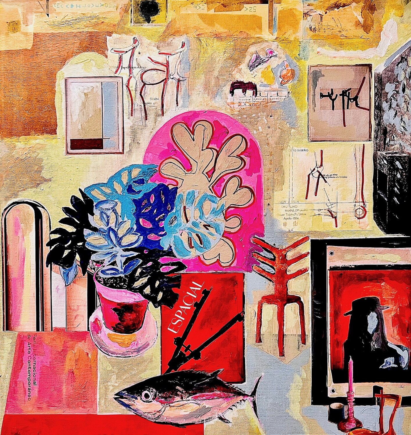 Geometric Compass Red Stephanie Bing Original painting for sale