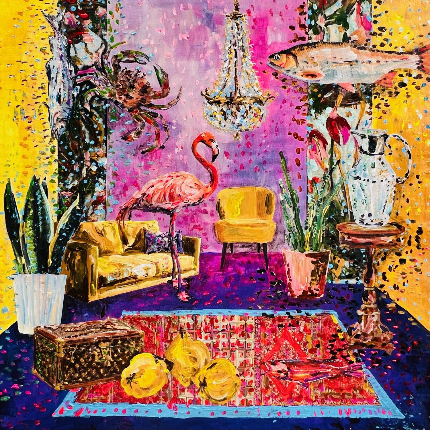 Tropisches Interieur mit Flamingo, Krabbe, Glaskrug, Kronleuchter, Quitten und Louis Vuitton Koffer Stephanie Bing Original painting for sale
