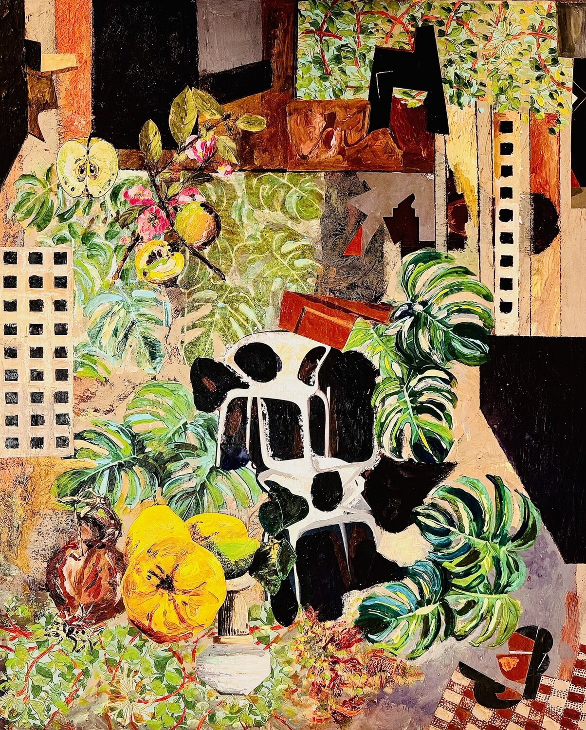 Apfel und Quitte mit Monstera Fensterblatt Stephanie Bing Original painting for sale