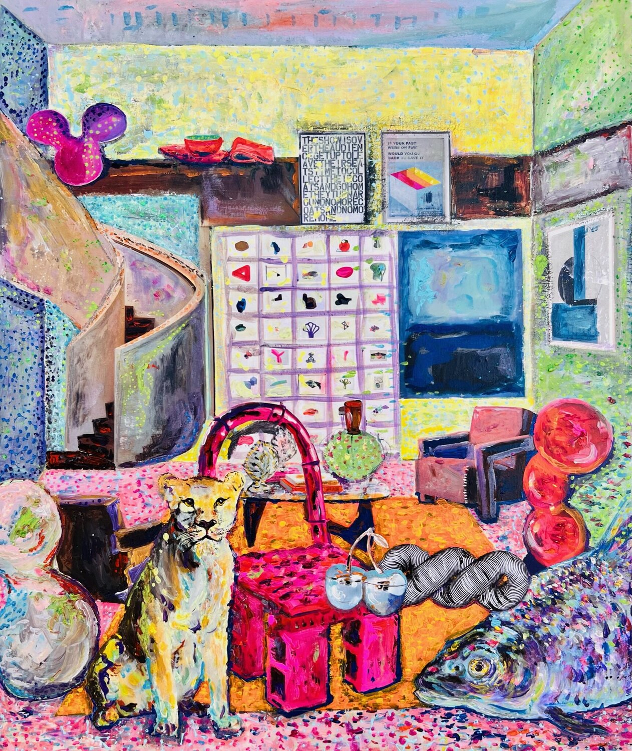 Yellow Lioness with Carp, Blue Cherries & Pink Chair Stephanie Bing Original painting for sale