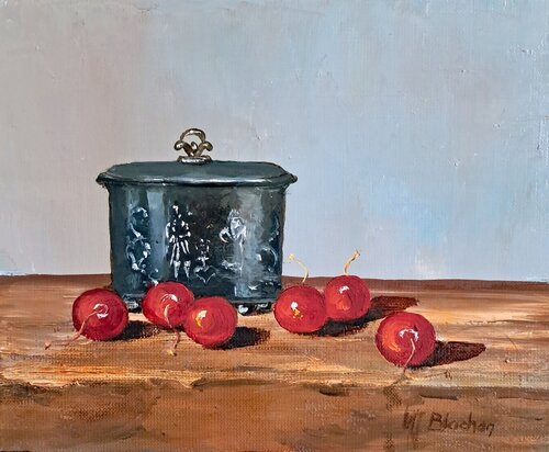 Nature morte étain et six cerises by Marie Josiane BLACHON, Painting for Sale on Select
