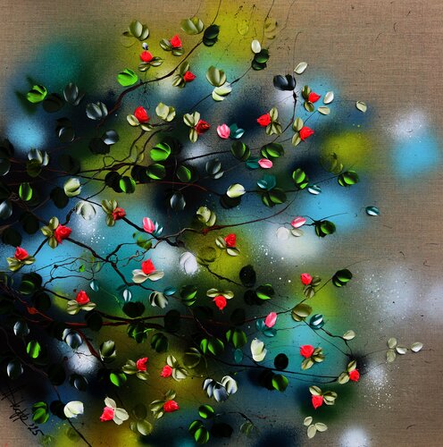 "Branches in Bloom”  colorful floral painting on linen by Anastassia Skopp, Painting for Sale on Select