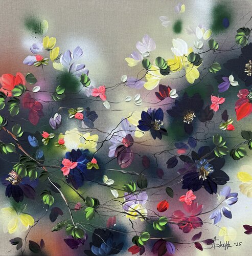 "Wild Garden”  colorful floral painting on linen by Anastassia Skopp, Painting for Sale on Select