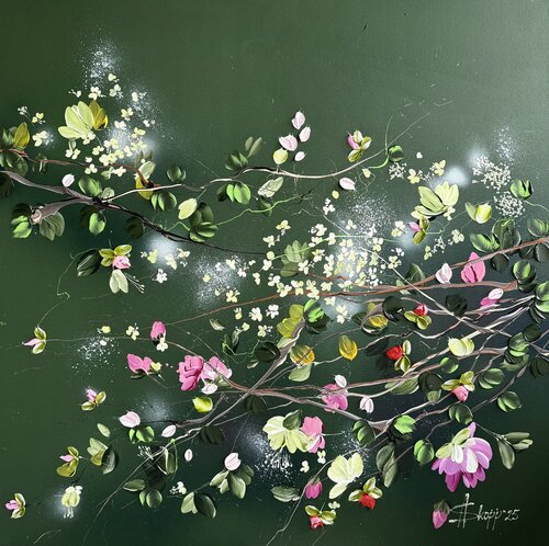 "Whispers in Green II" dark green floral 3d painting on canvas by Anastassia Skopp, Painting for Sale on Select