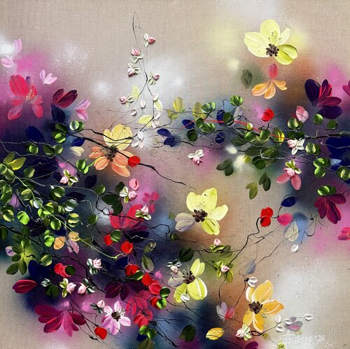"Hanami Dreams” square large floral painting by Anastassia Skopp, Painting for Sale on Select