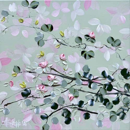 Blush of Spring - green pink 3d art on linen canvas by Anastassia Skopp, Painting for Sale on Select