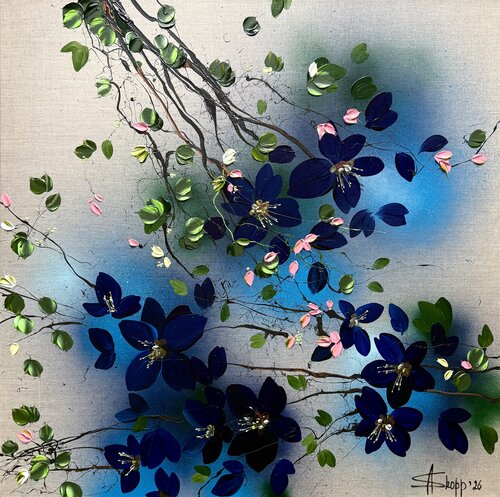 "Indigo Blossoms" textured floral 3d painting on canvas by Anastassia Skopp, Painting for Sale on Select