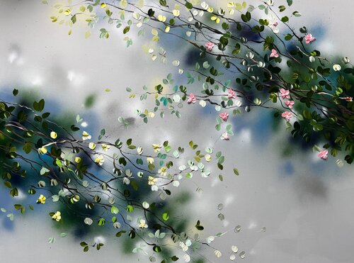 Extra large floral 3d painting on canvas "Between Rain Air and Branches" by Anastassia Skopp, Painting for Sale on Select