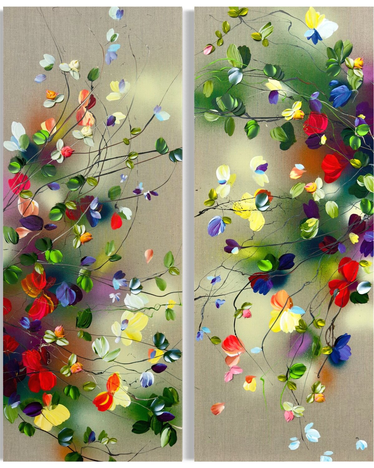 "Wild Flowers"  large colorful floral diptych Anastassia Skopp Original painting for sale