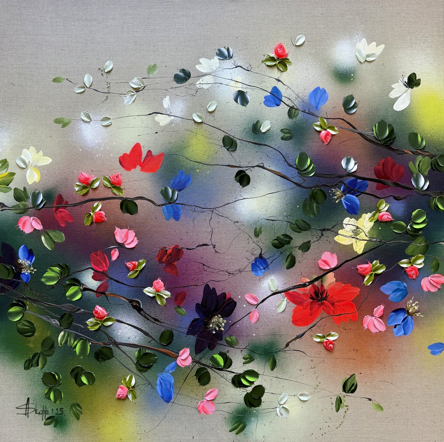 "Potpourri I" colorful floral 3d painting on linen canvas Anastassia Skopp Original painting for sale