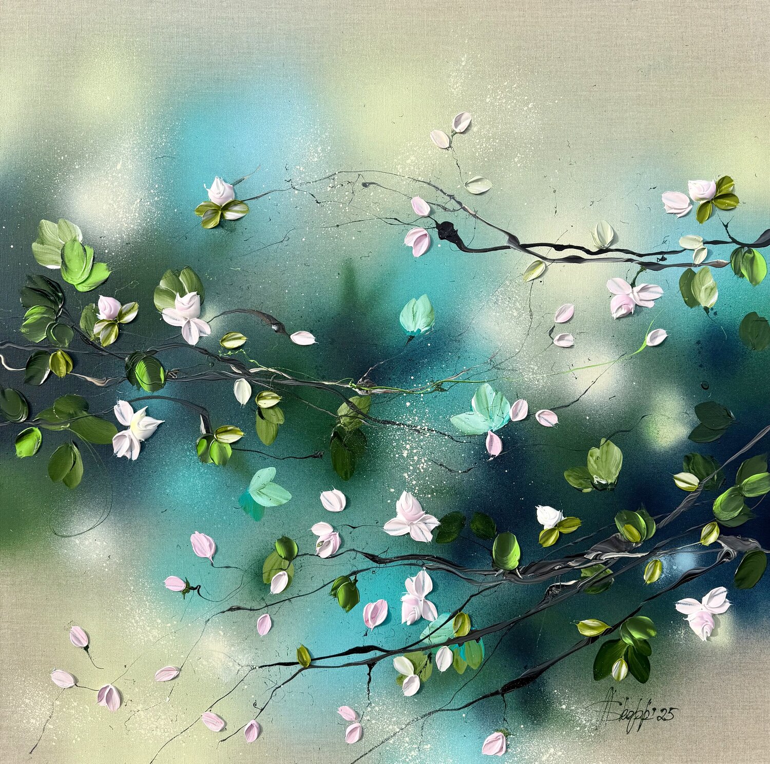 "Romantic Roses” soft pink floral painting on linen Anastassia Skopp Original painting for sale