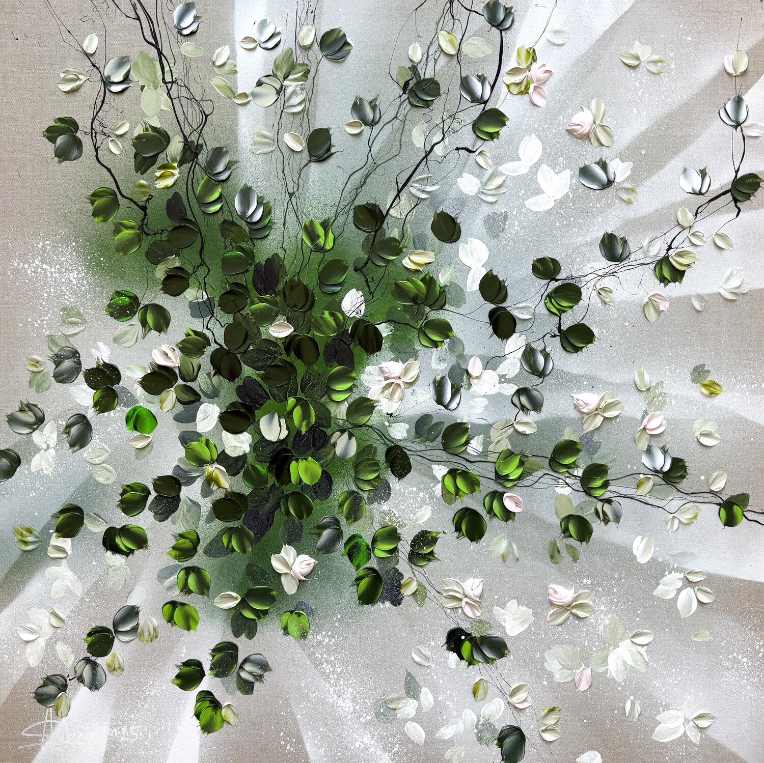 "Petals in Light”  green white floral painting on linen Anastassia Skopp Original painting for sale