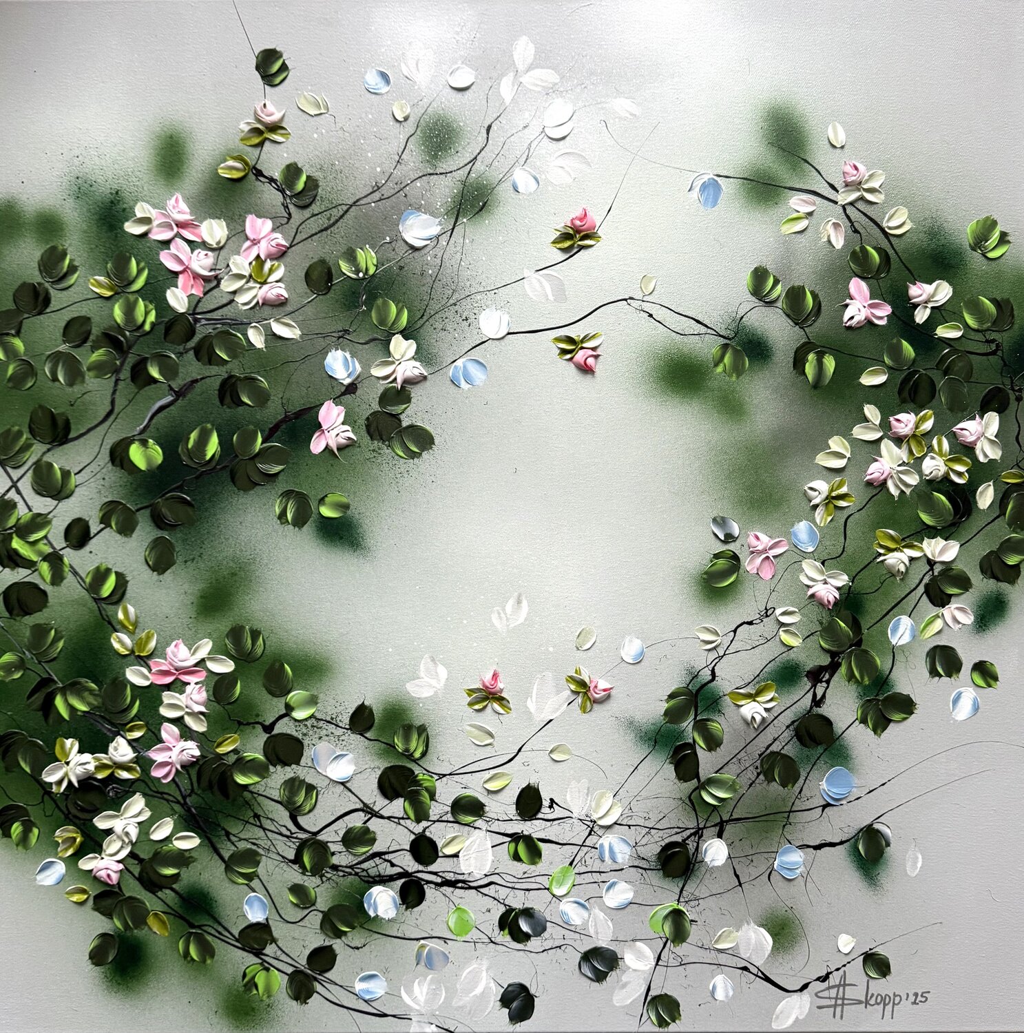"Roses in Grey Cloud” square large floral painting Anastassia Skopp Original painting for sale