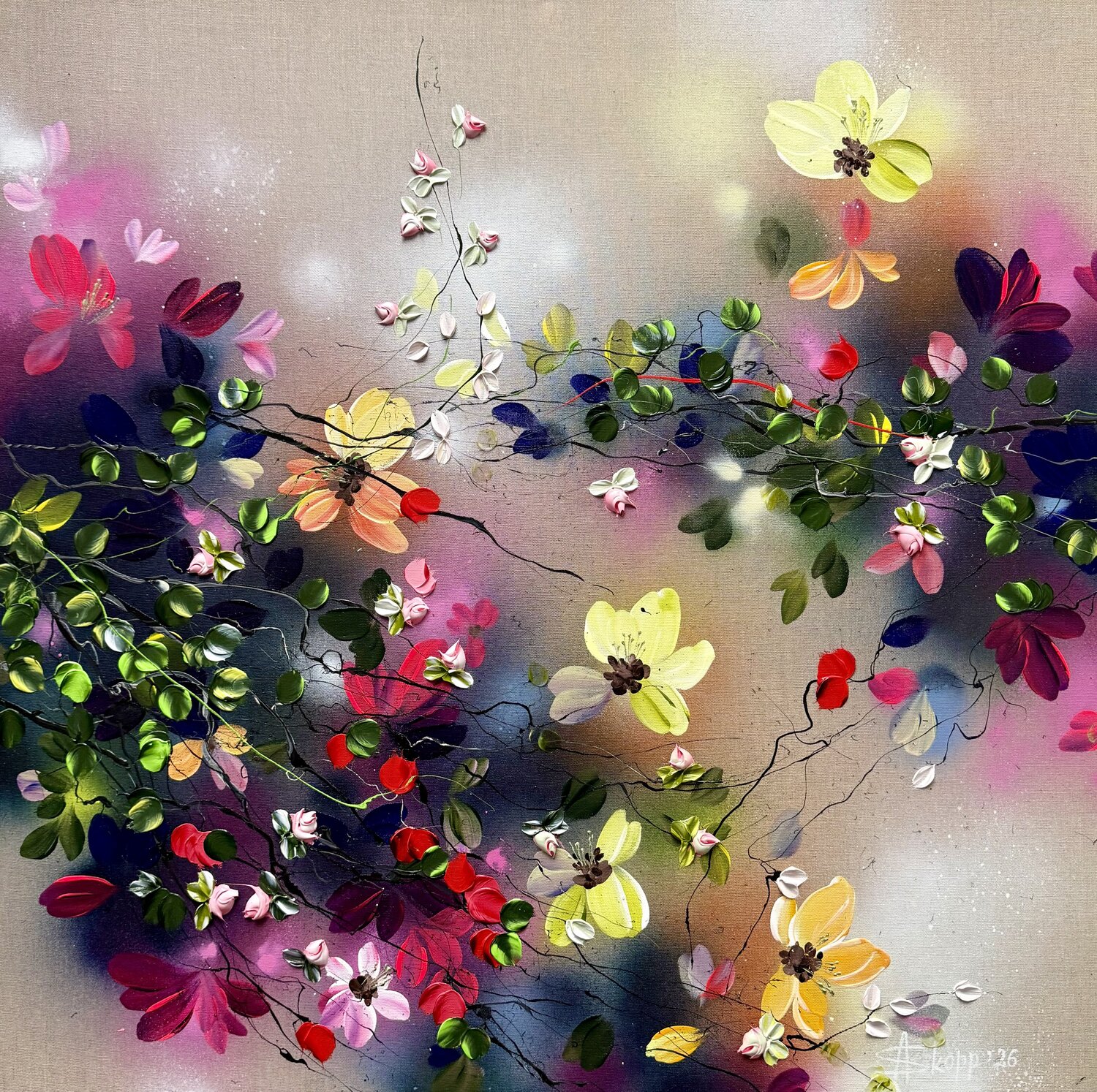"Hanami Dreams” square large floral painting Anastassia Skopp Original painting for sale