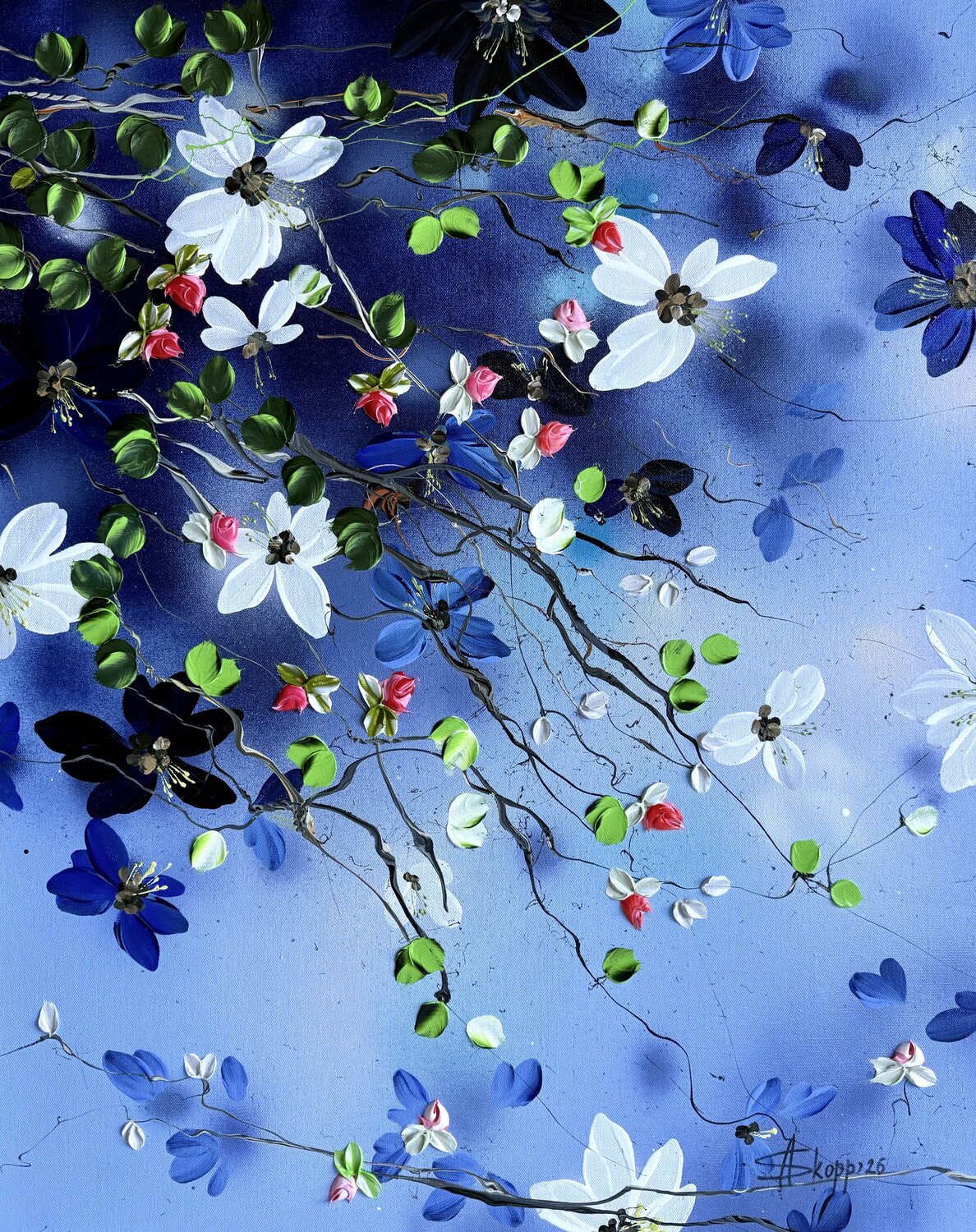 "Blue Canopy" textured floral 3d painting on canvas Anastassia Skopp Original painting for sale