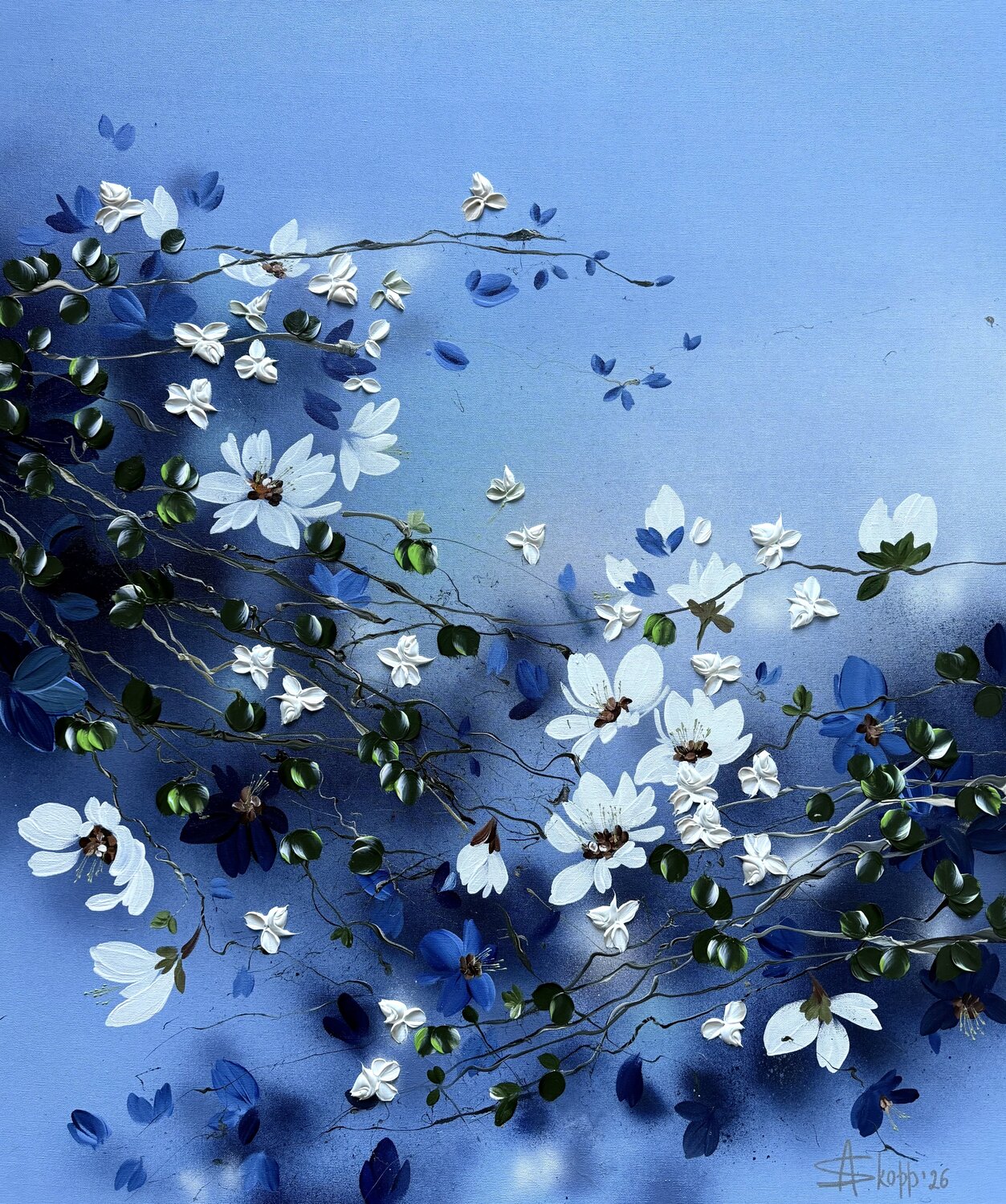 Pearl Roses in Blue Silence Anastassia Skopp Original painting for sale