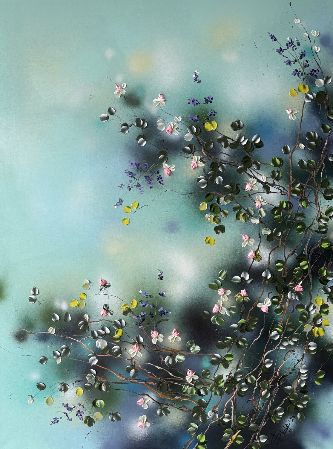 "Rose Branches" extra large floral 3d painting on linen canvas Anastassia Skopp Original painting for sale