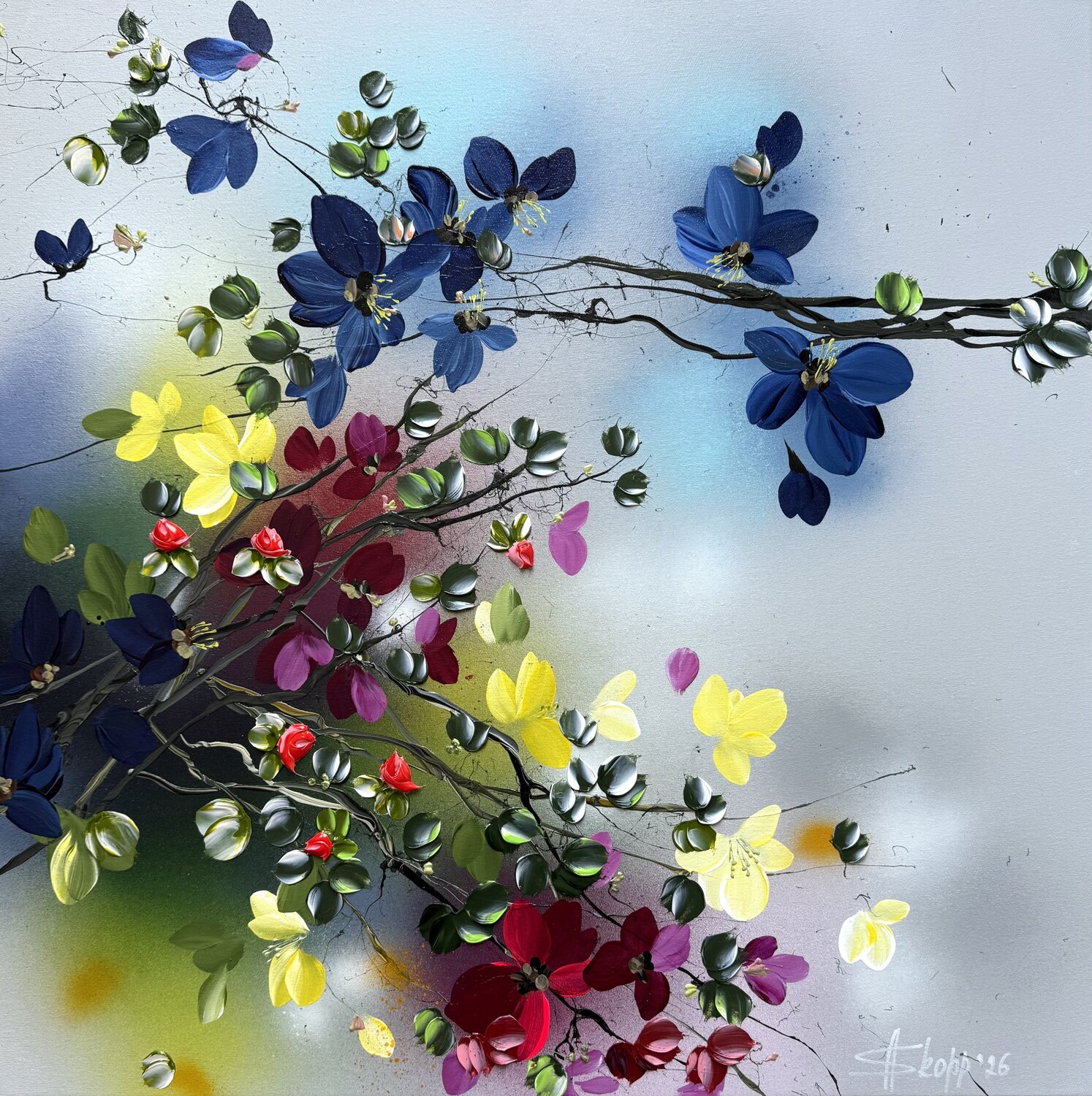 "Blooming Current" textured floral 3d painting on canvas Anastassia Skopp Original painting for sale